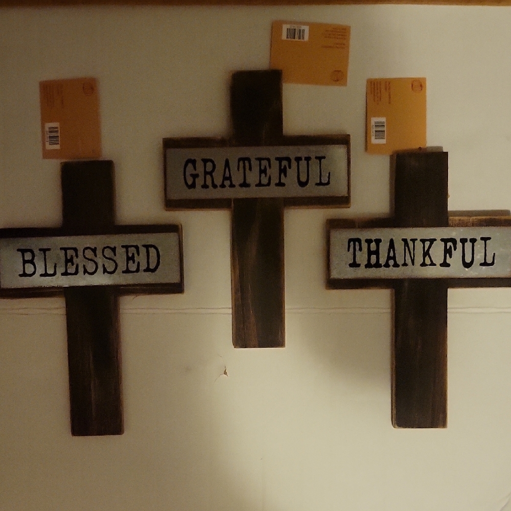 NWT: Set of 3 Brown Rustic Wood and Metal Crosses With Inspirational Words
